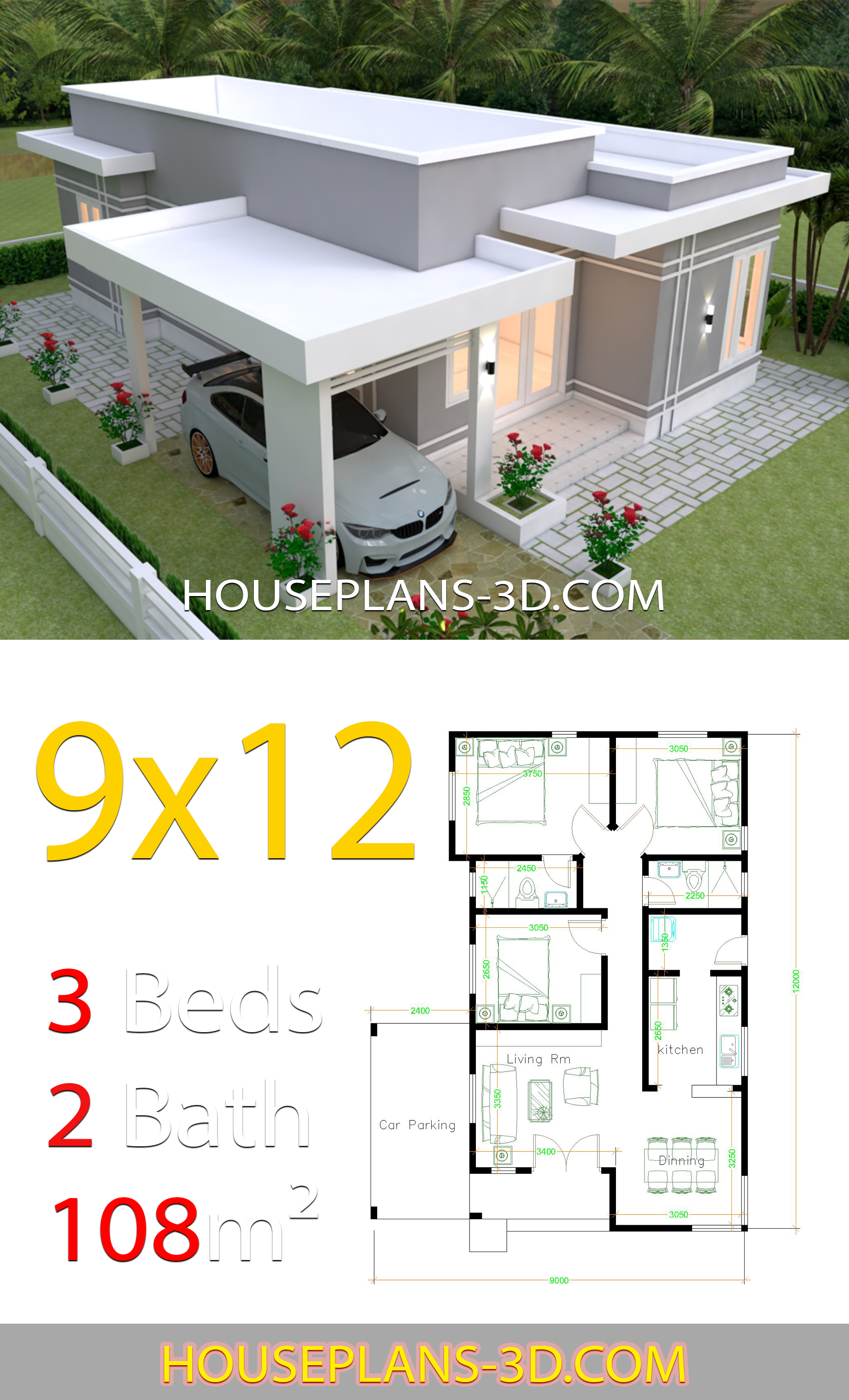  House  design Plans  9x12 with 3 Bedrooms terrace roof 