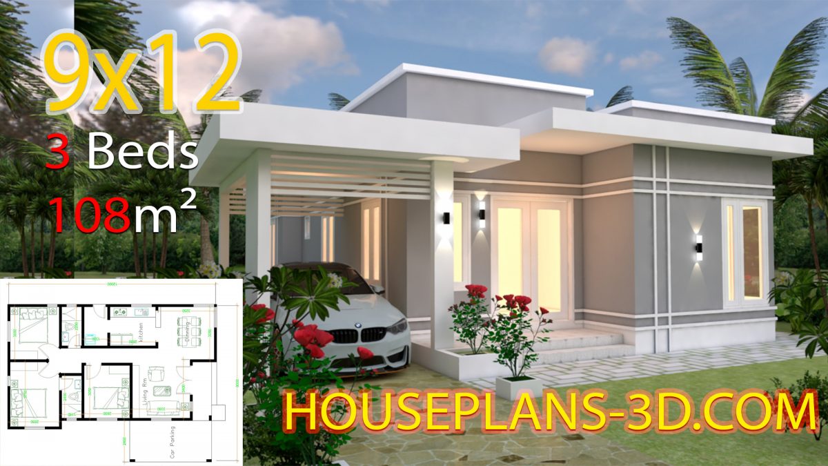 House design Plans 9x12 with 3 Bedrooms terrace roof