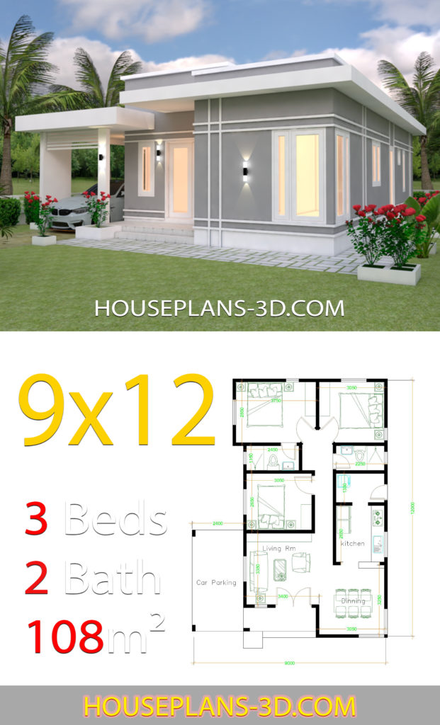 House design Plans 9x12 with 3 Bedrooms terrace roof - House Plans 3D