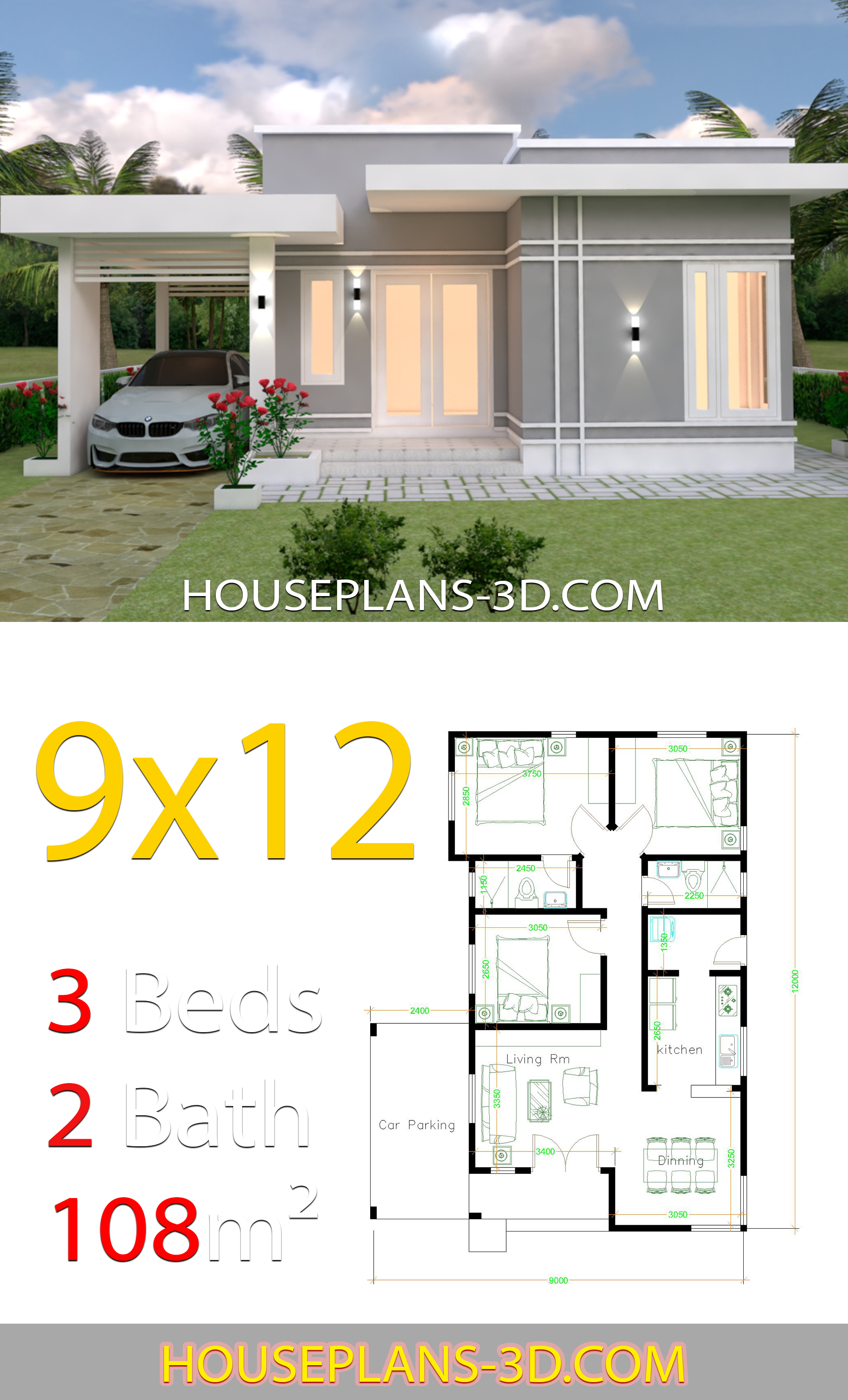 House design Plans 9x12 with 3 Bedrooms terrace roof