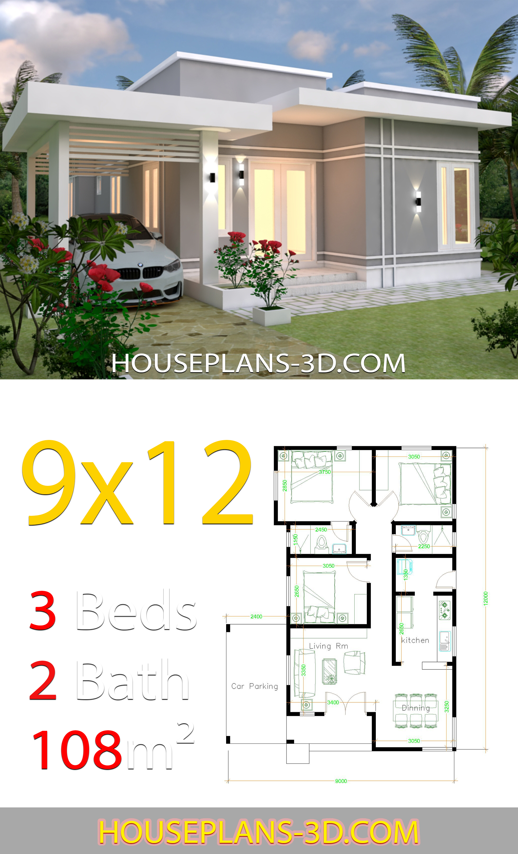 House design Plans 9x12 with 3 Bedrooms terrace roof 3d 1