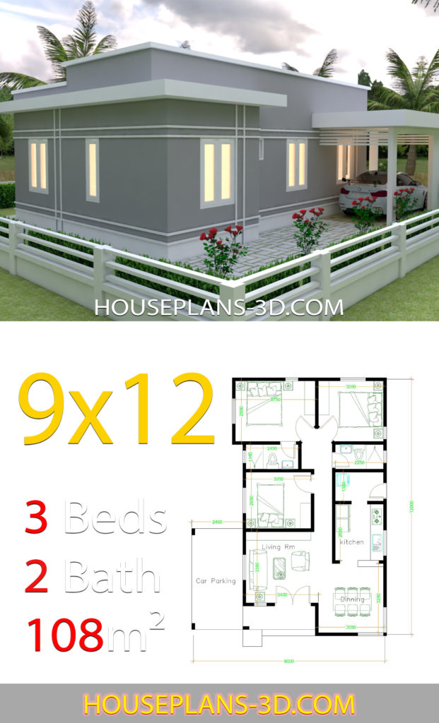 House design Plans 9x12 with 3 Bedrooms terrace roof - House Plans 3D