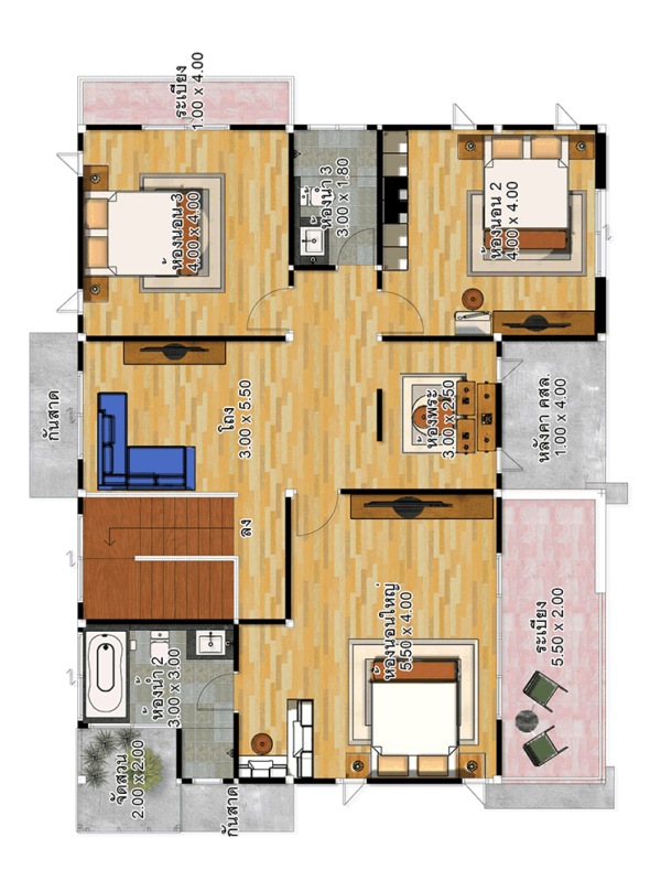 House design idea 13.5x10 with 3 bedrooms - House Plans 3D