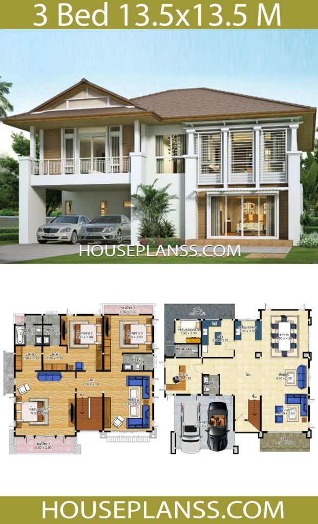 House design idea 13.5x13.5 with 3 bedrooms - House Plans 3D