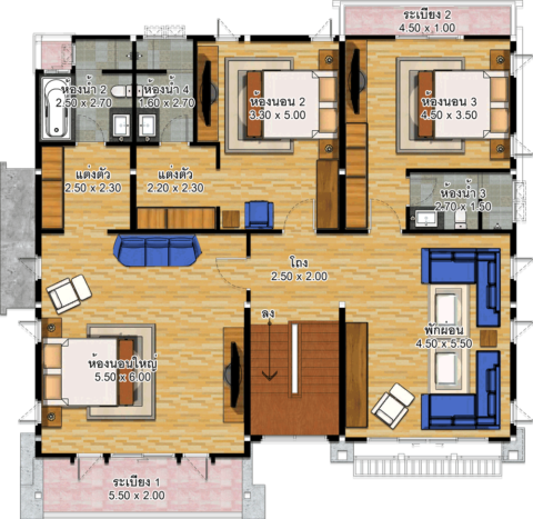 House design idea 13.5x13.5 with 3 bedrooms - House Plans 3D