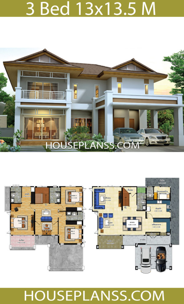 House design idea 13x13.5 with 3 bedrooms - House Plans 3D