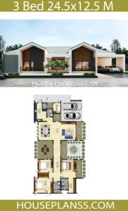 House design idea 24.5x12.5 with 3 bedrooms - House Plans 3D