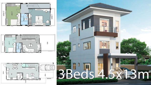 House design plan 4.5x13m with 3 bedrooms - House Plans 3D