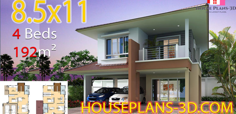 House plans 3d 8.5×11 with 4 bedrooms