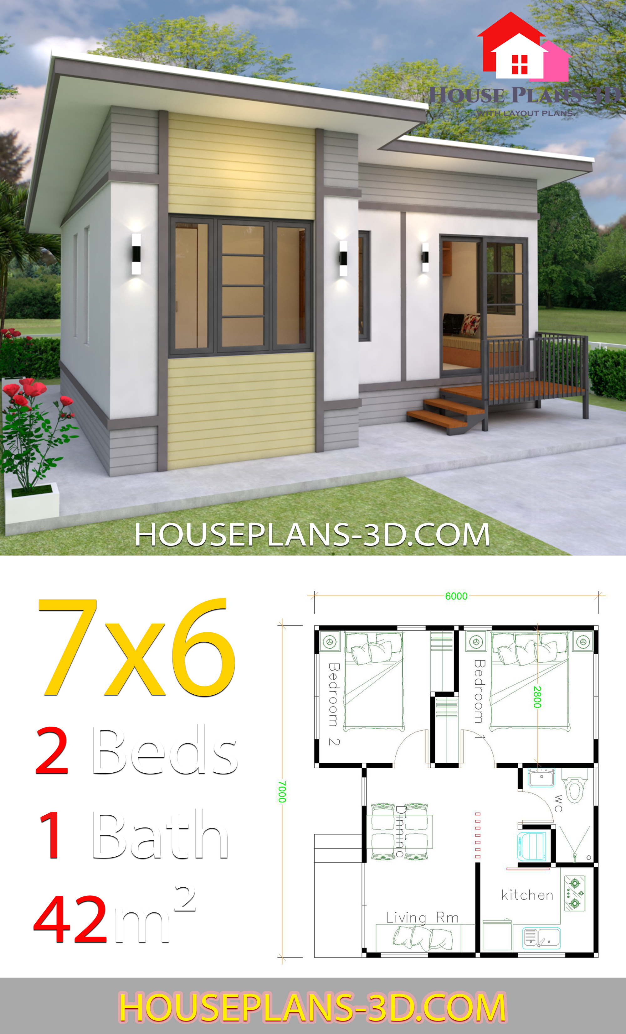 Small House plans 7x6 with 2 Bedrooms 3d 3