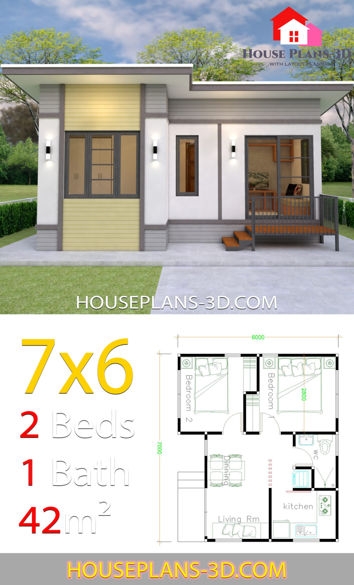 Small House plans 7x6 with 2 Bedrooms - House Plans 3D