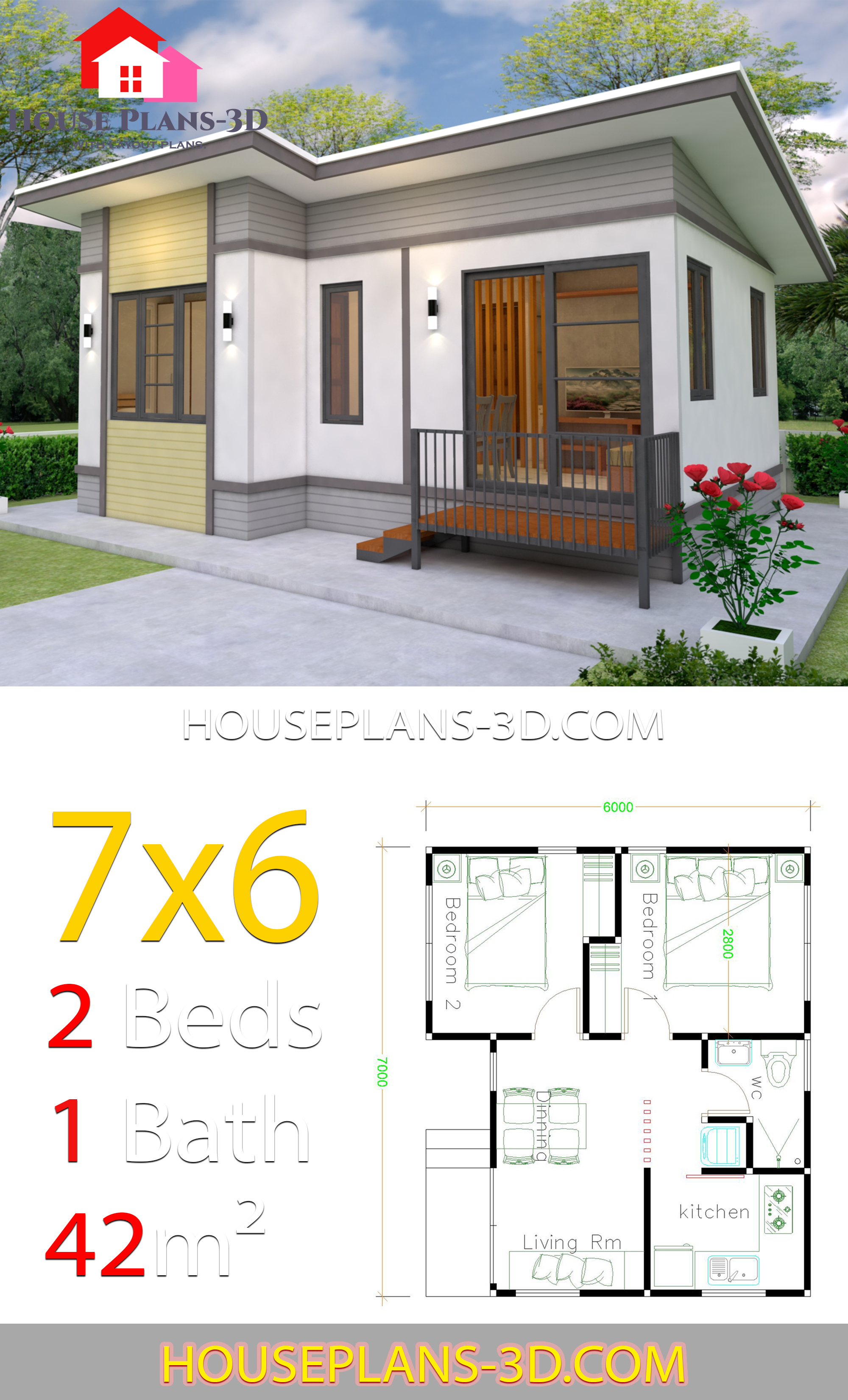 Small House plans 7x6 with 2 Bedrooms 3d 2