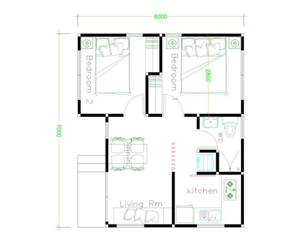 Small House plans 7x6 with 2 Bedrooms - House Plans 3D