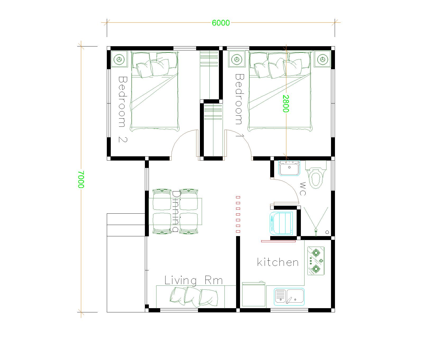 Small House plans 7x6 with 2 Bedrooms layout plan