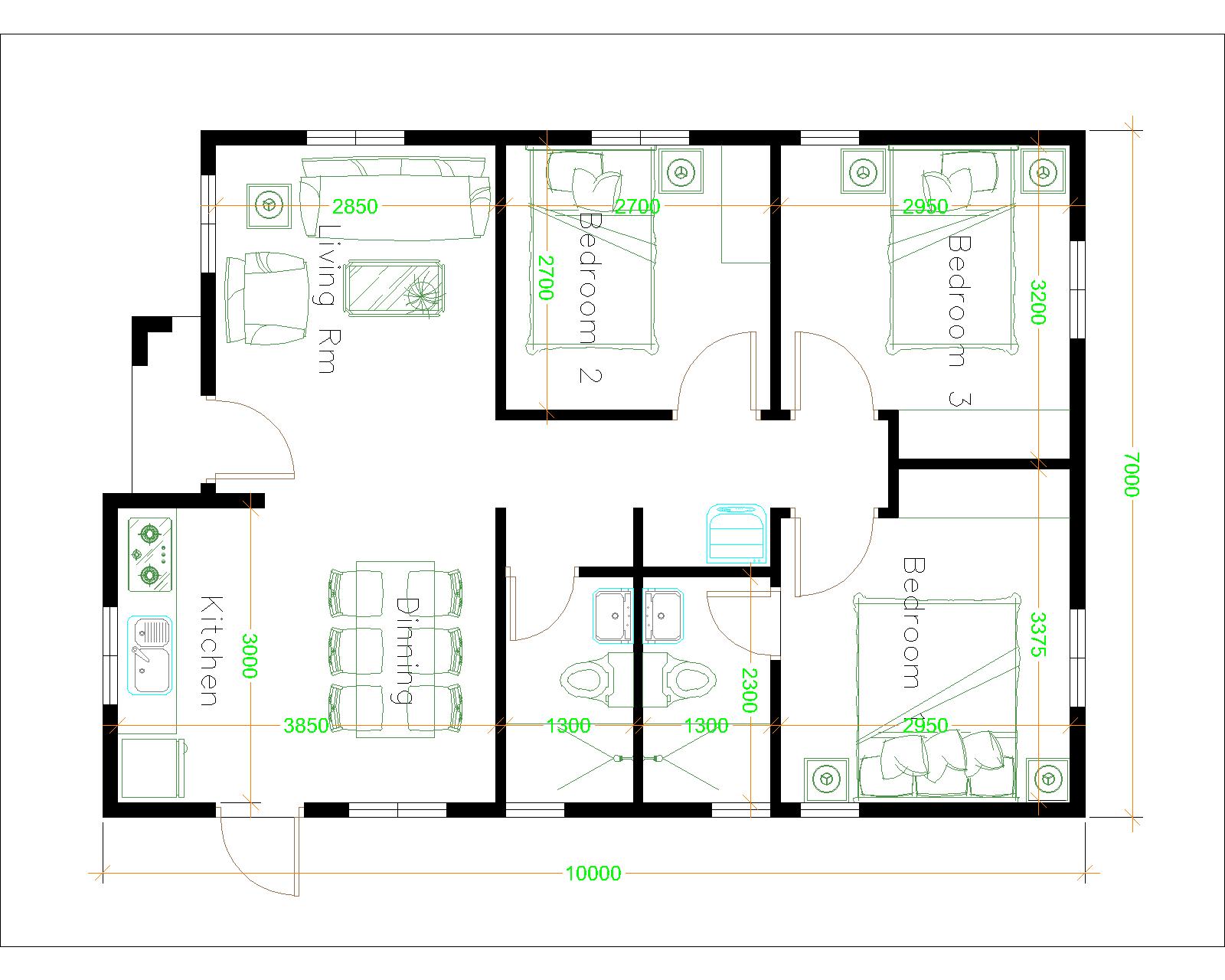 House design 7x10 with 3 Bedrooms Hip roof layout plan
