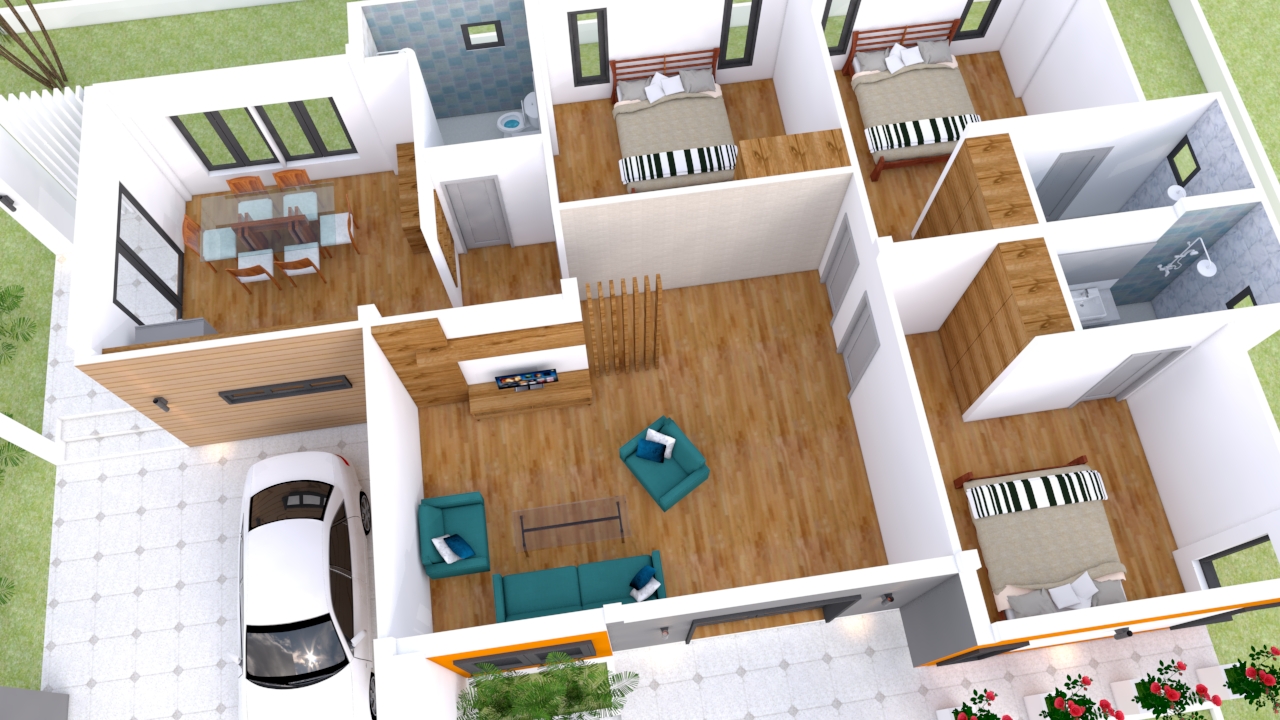 Home Design 11x16 with 3 bedrooms slop roof 3d