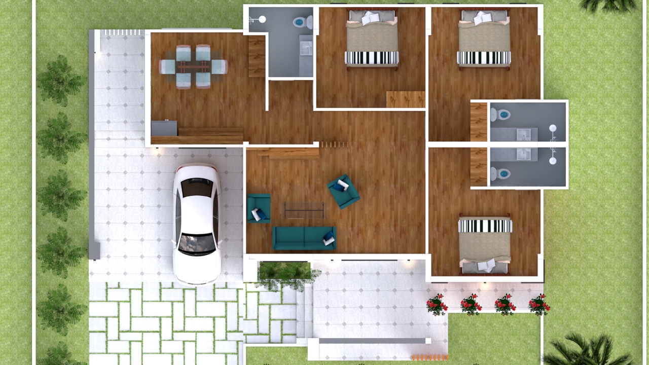Home Design 11x16 with 3 bedrooms slop roof floor plan