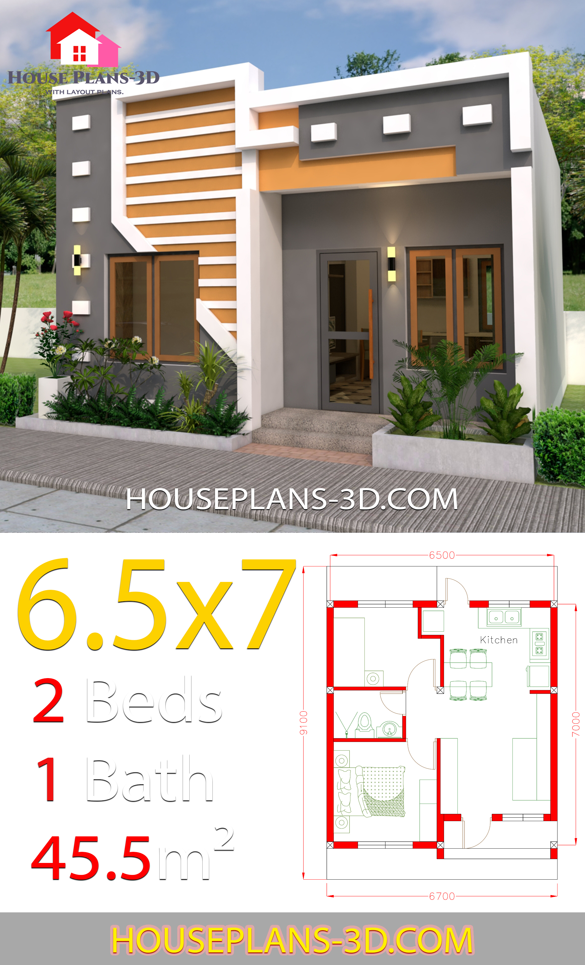 Small House Design 6.5x7 with 2 Bedrooms full plans 3d 1