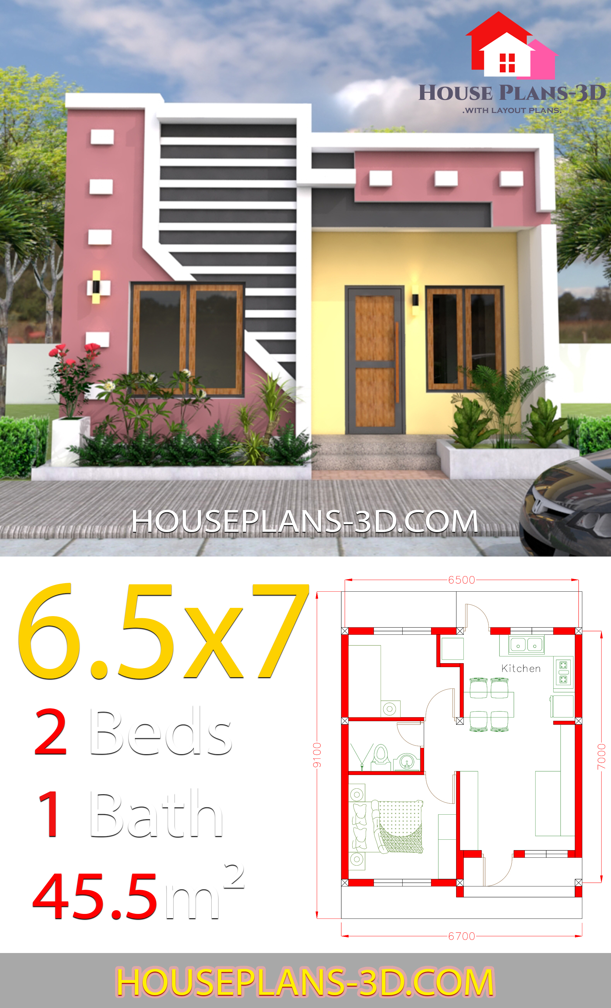 Small House Design 6.5x7 with 2 Bedrooms full plans 3d 3