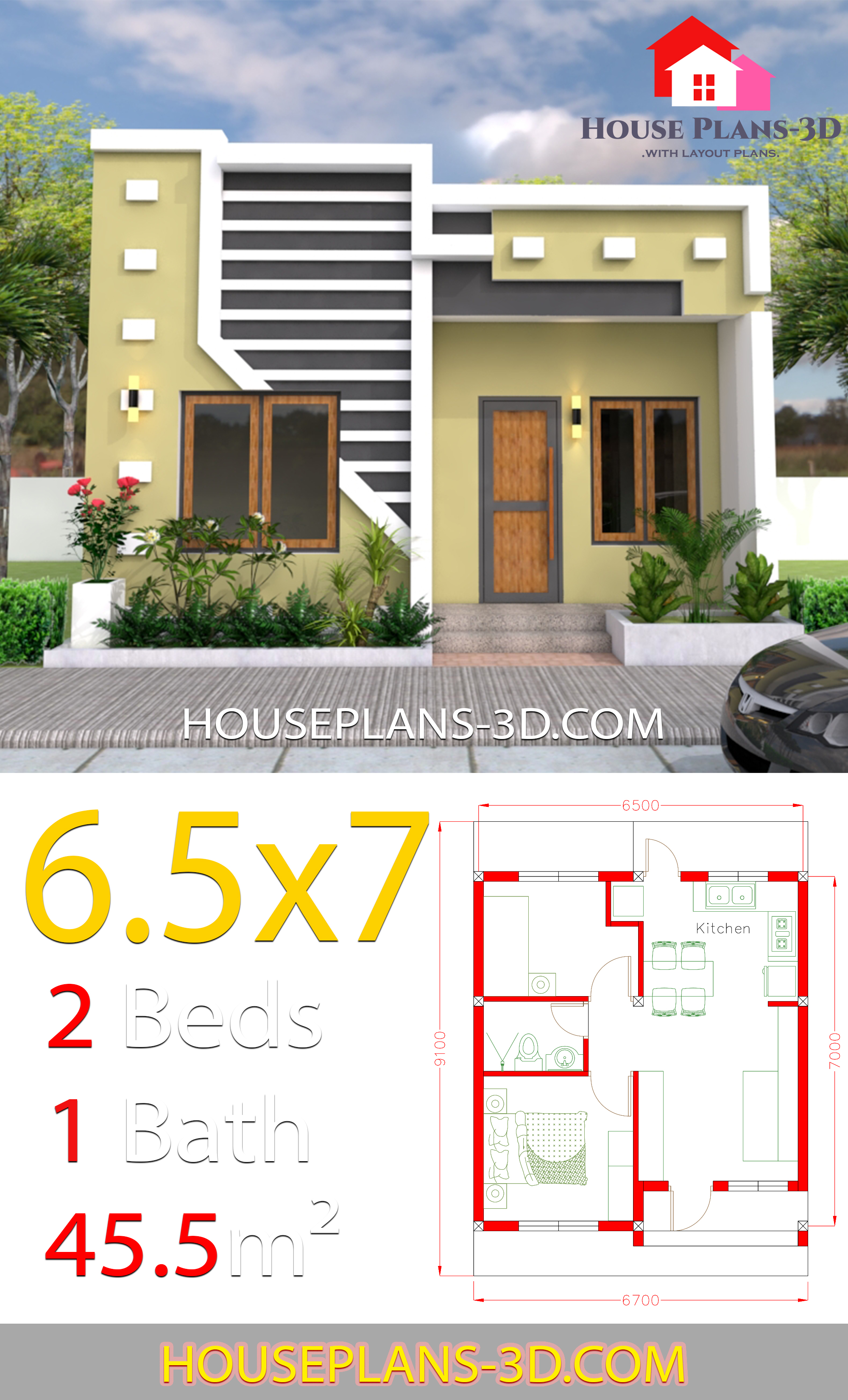 Small House Design 6.5x7 with 2 Bedrooms full plans 3d 2
