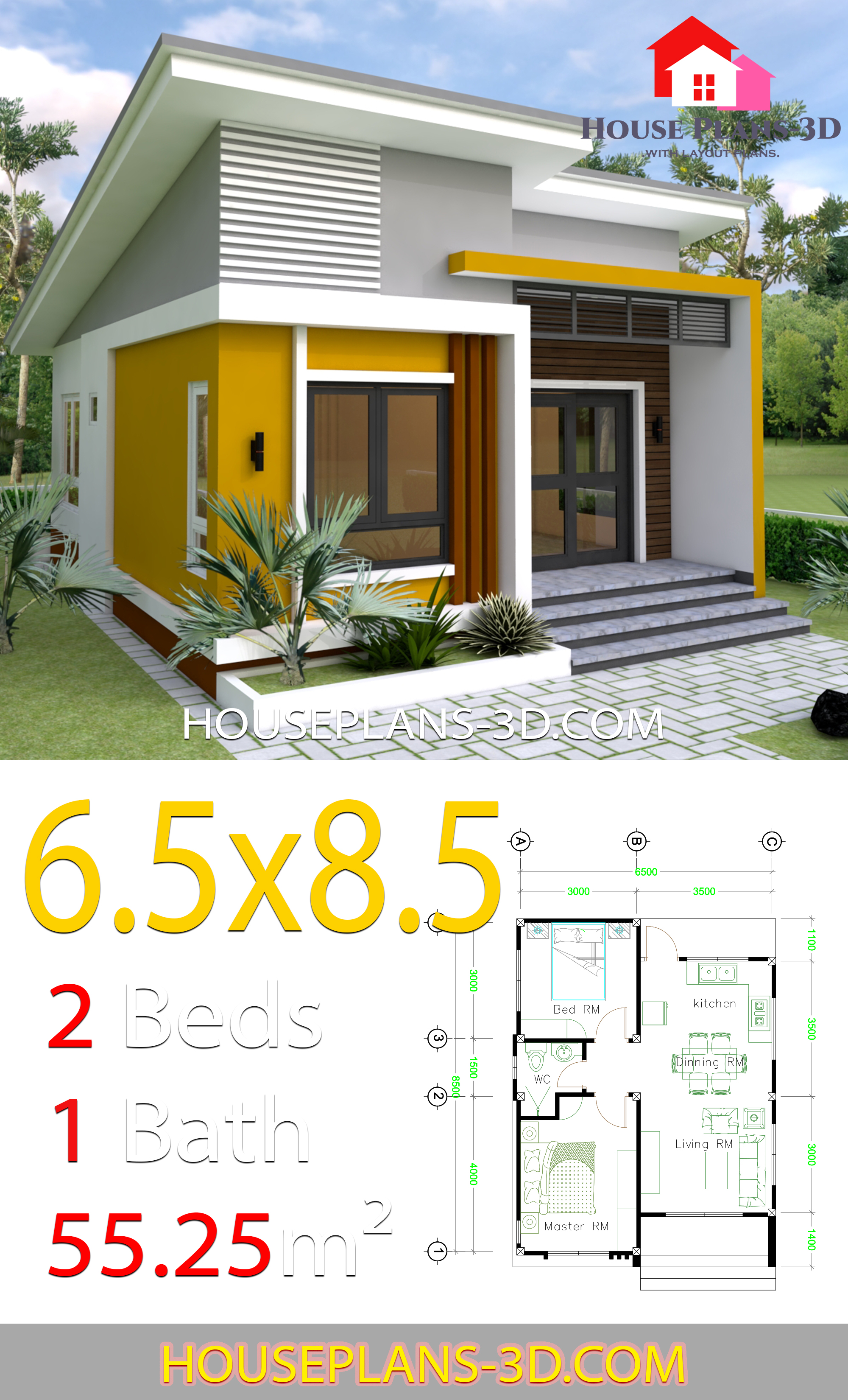 Small House Design 6.5x8.5 With 2 Bedrooms 3d 1