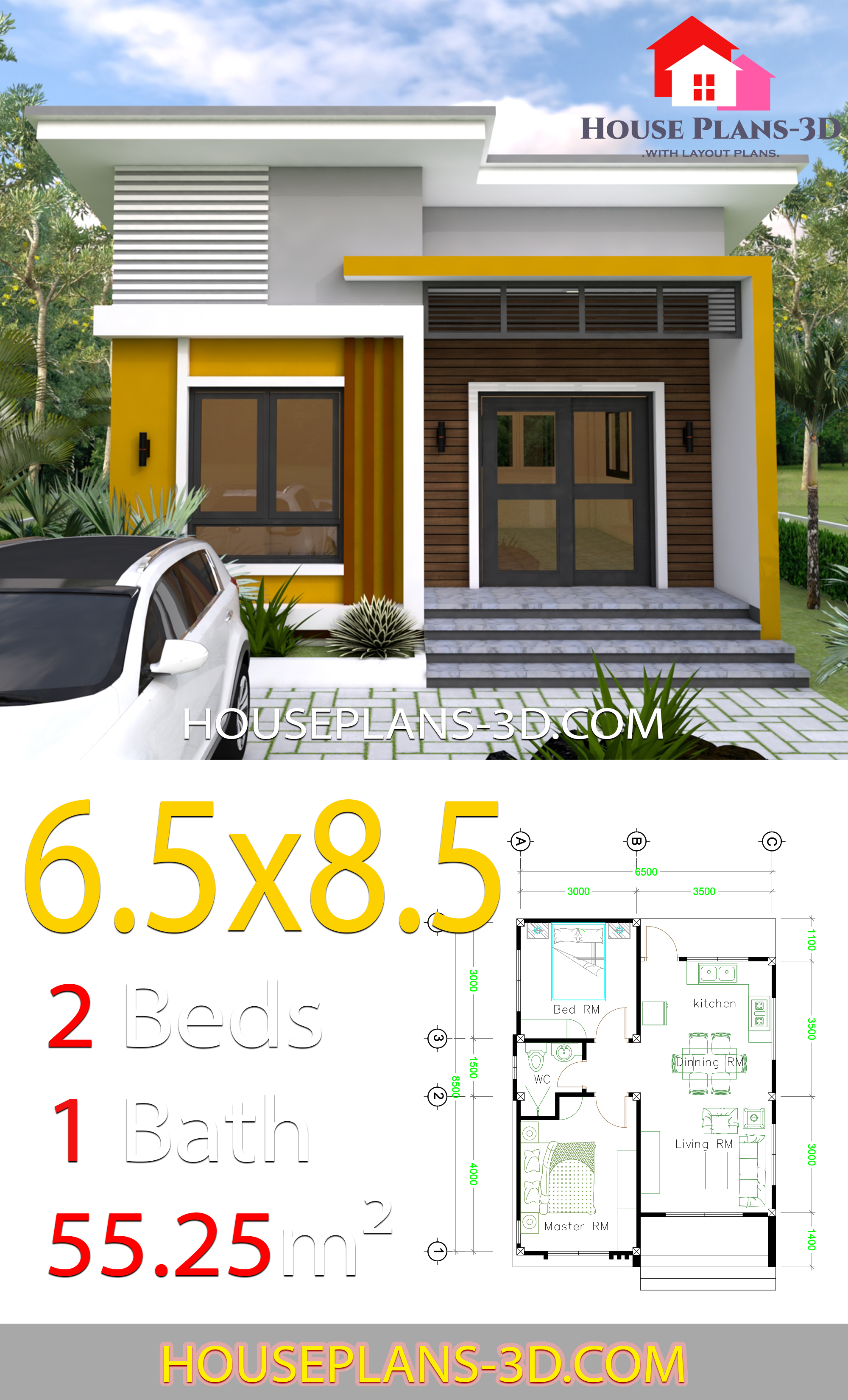 Small House Design 6.5x8.5 With 2 Bedrooms 3d 2