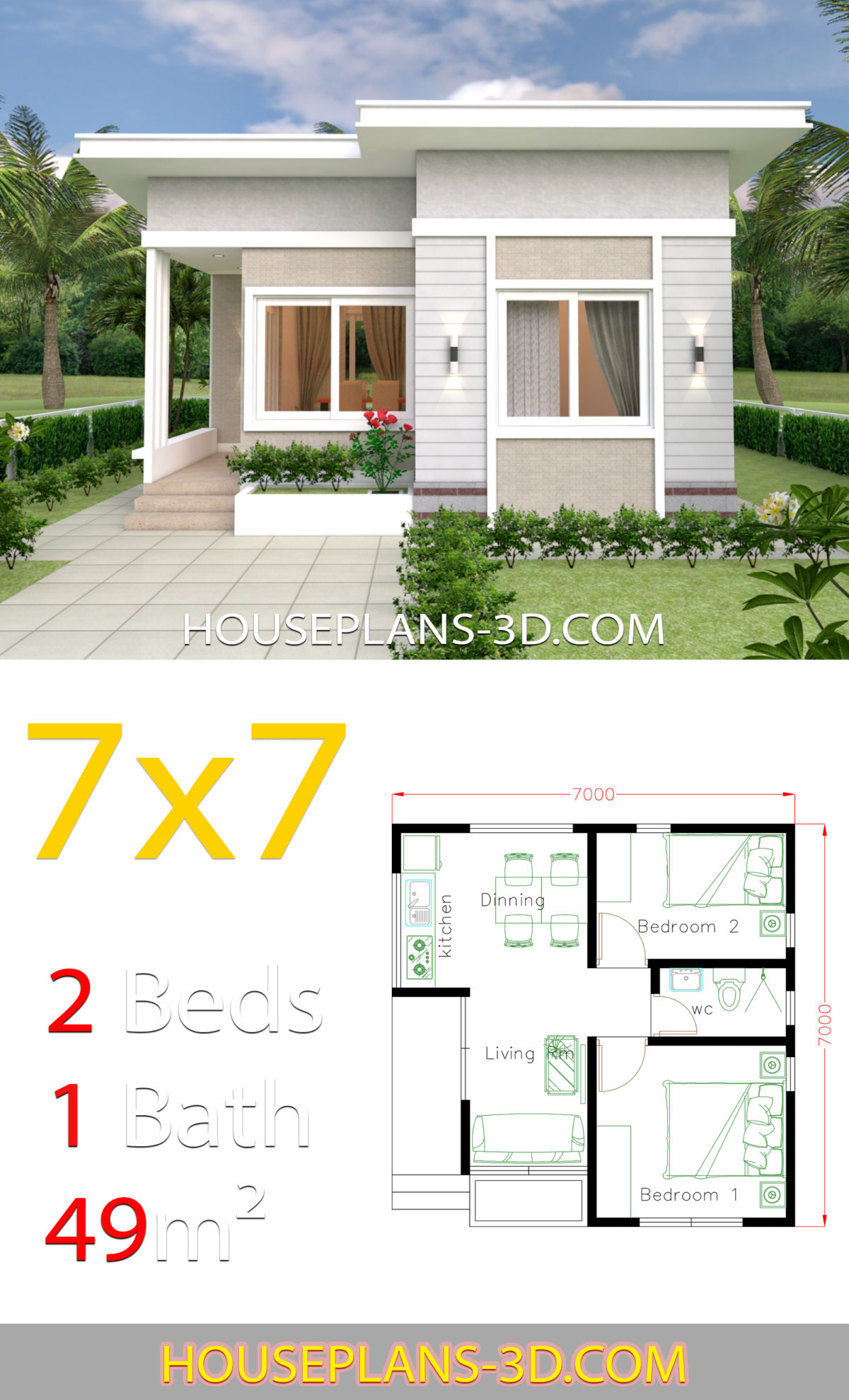 Small House Design 7x7 with 2 Bedrooms - House Plans 3D