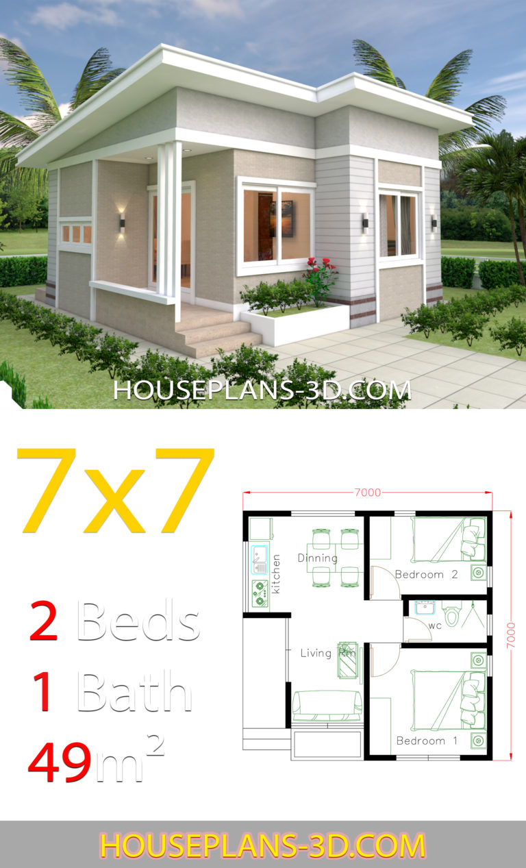 Small House Design 7x7 With 2 Bedrooms - House Plans 3D