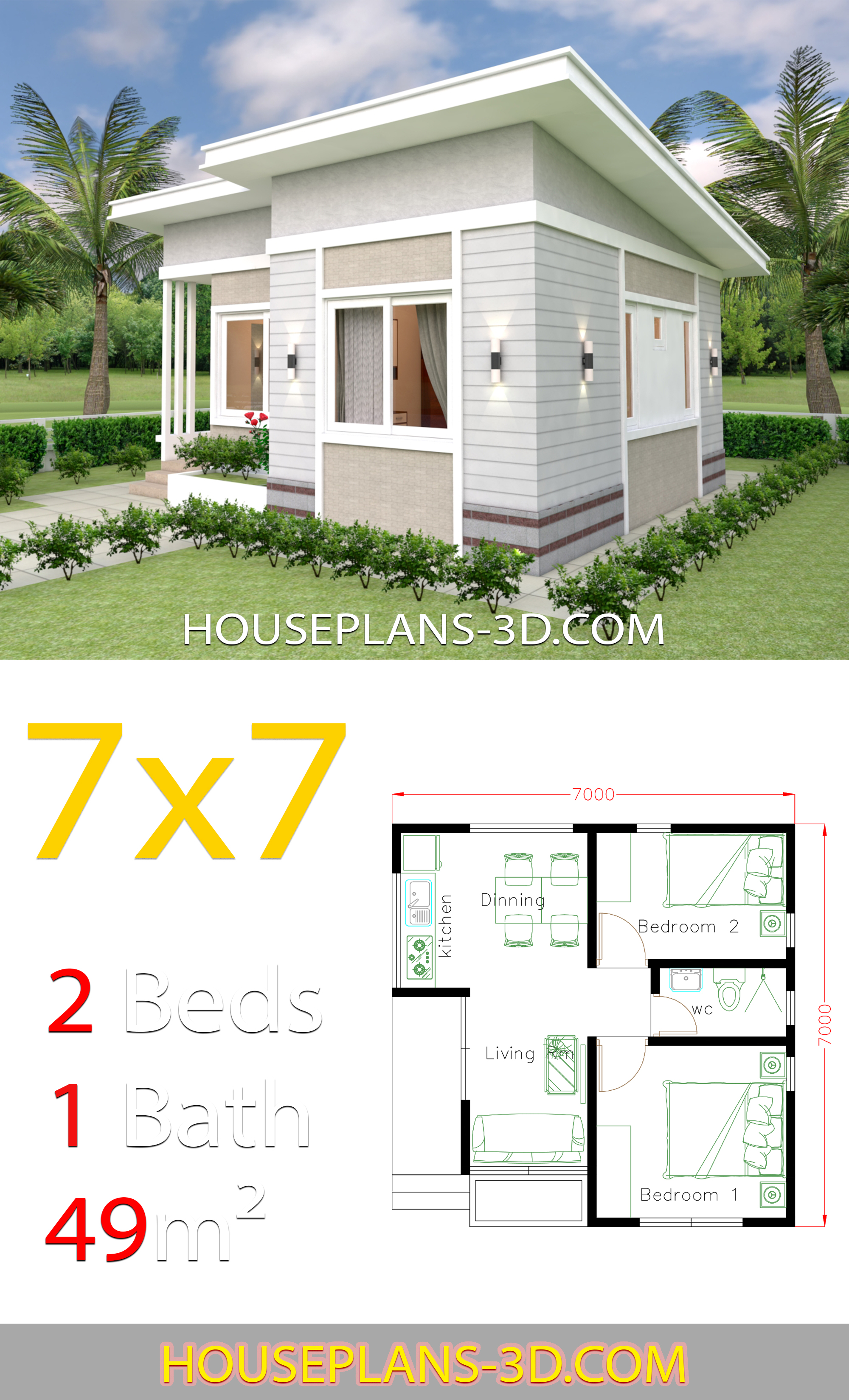 Small House Design 7x7 with 2 Bedrooms 3d 2