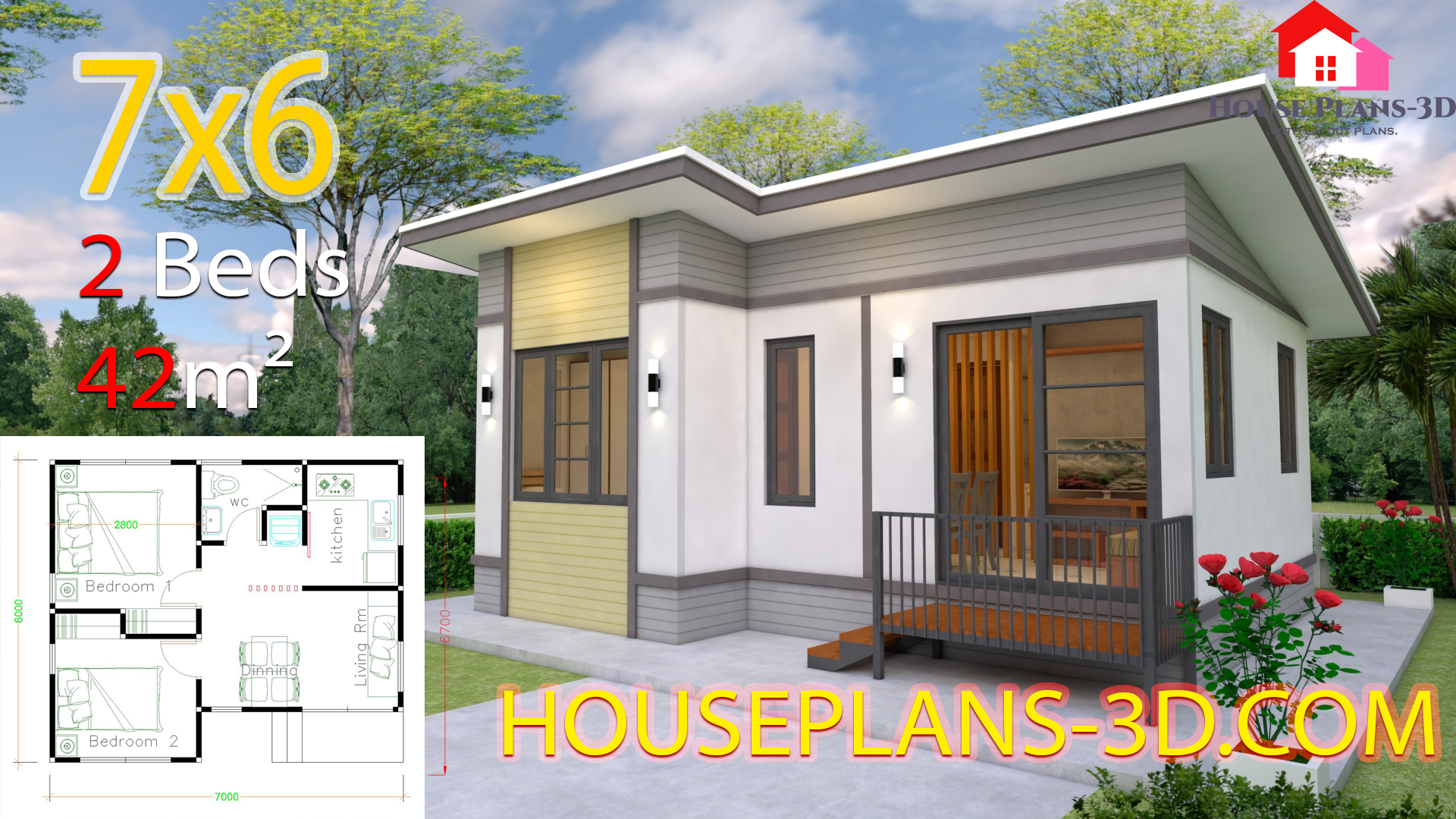 Small House plans 7x6 with 2 Bedrooms - House Plans 3D