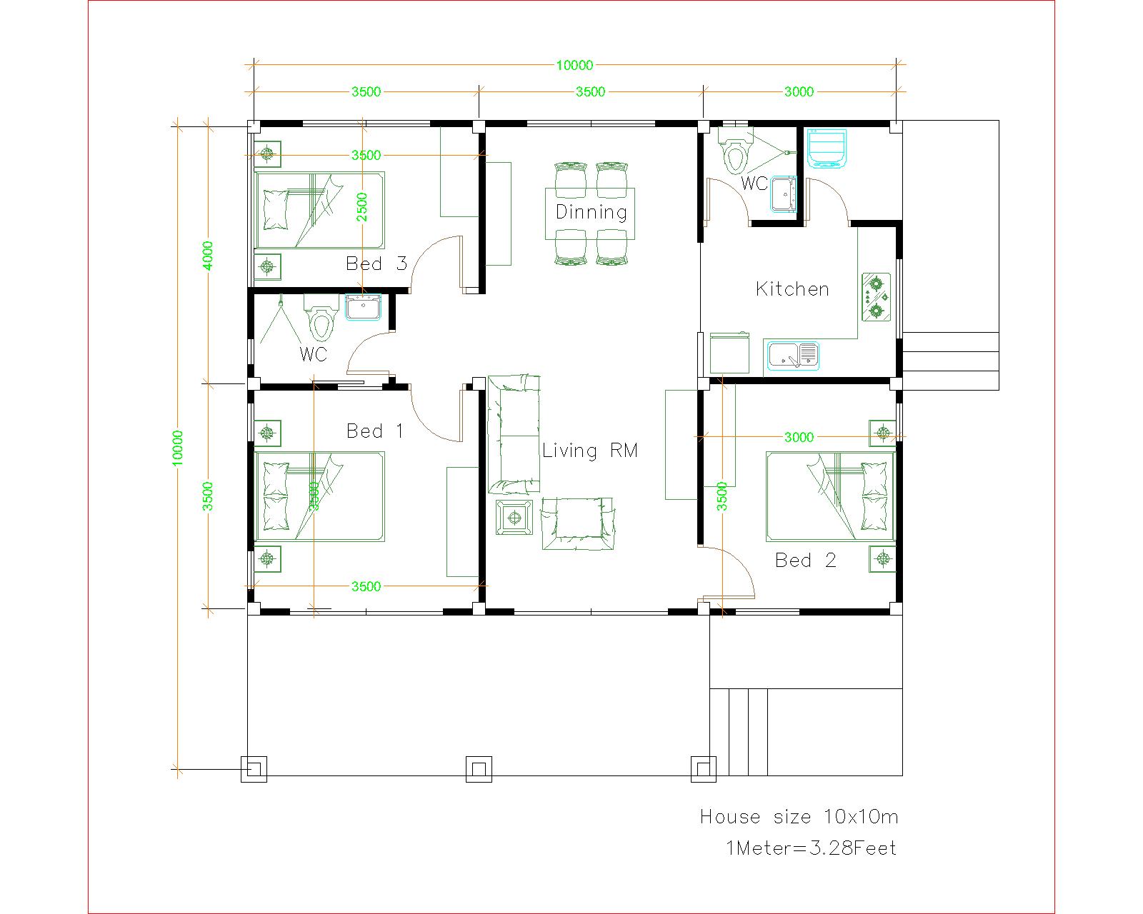 House Design 10x10 with 3 Bedrooms full interior floor plan