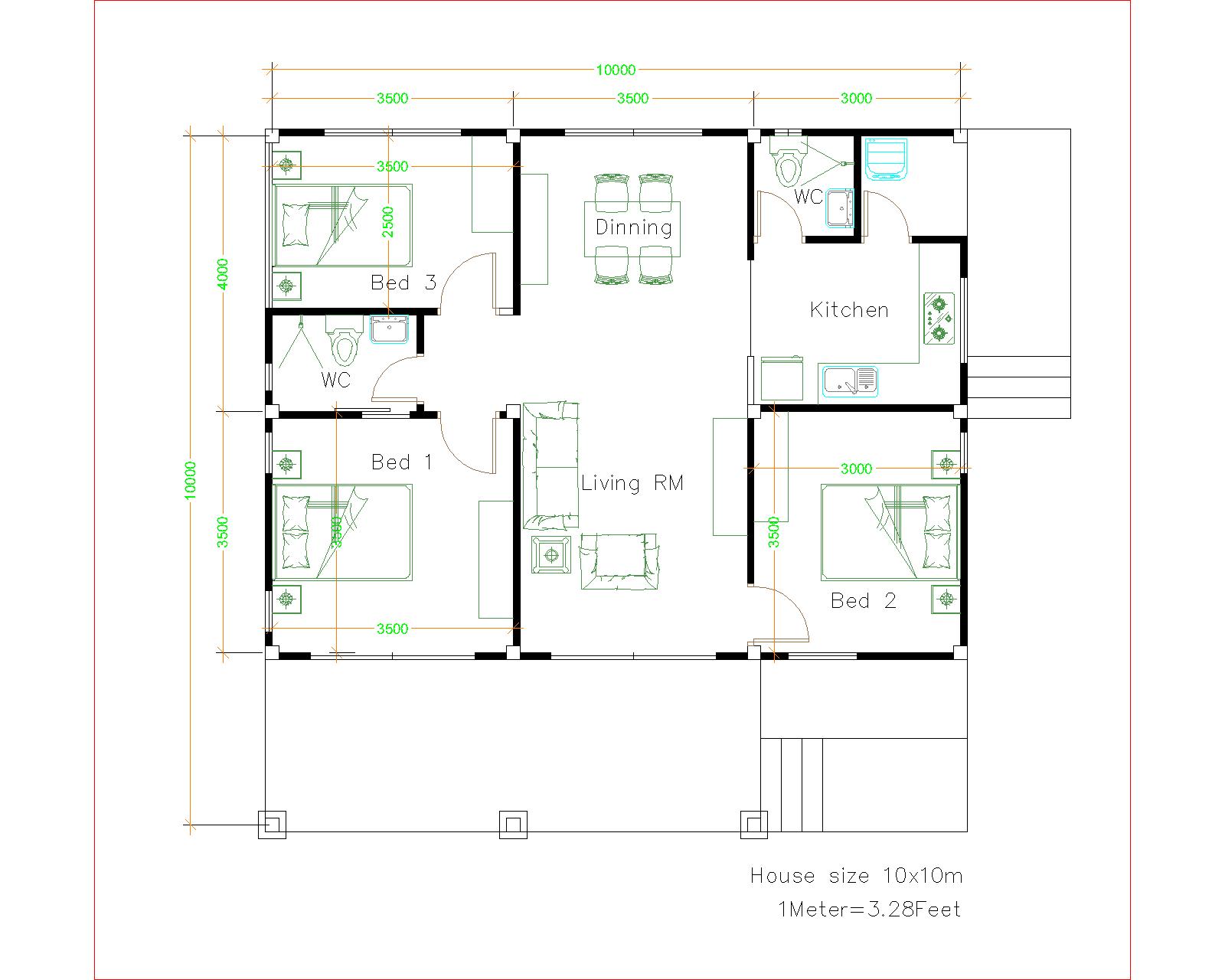 House Design 10x10 With 3 Bedrooms Full Interior House Plans 3D