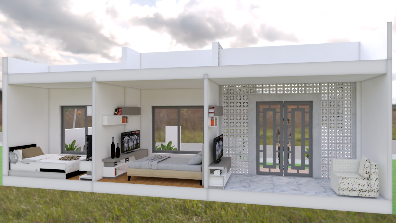 House Design 10x8 with 2 Bedrooms 3d 2