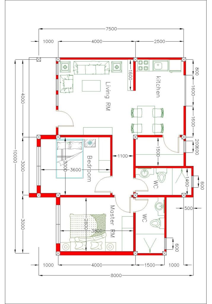 House Plans 10x8 With 2 Bedrooms Shed Roof House Plans 3D   2 Bedrooms 10x8m 715x1024 