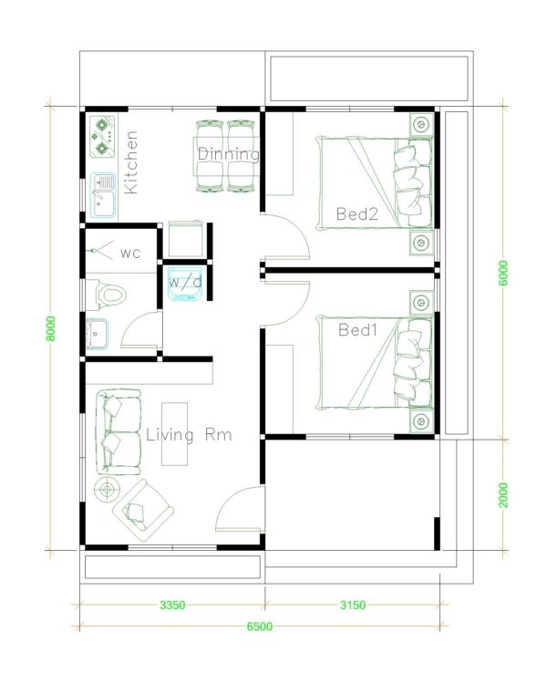 House Design Plans 6.5x8 with 2 Bedrooms Hip Roof - House Plans 3D