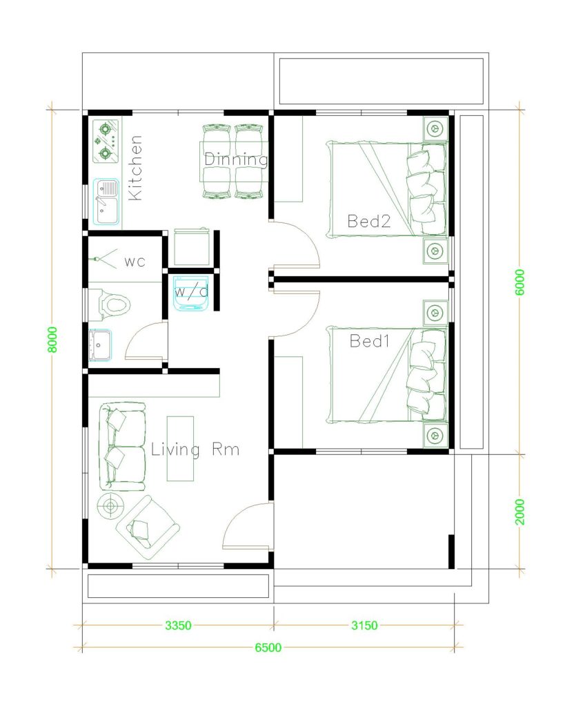 House Design Plans 6.5x8 with 2 Bedrooms Shed Roof - House Plans 3D