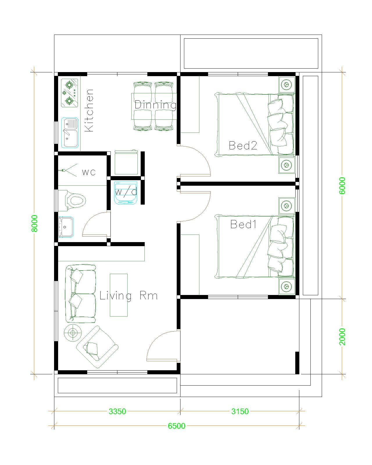 House Design Plans 6.5x8 with 2 Bedrooms Hip Roof layout plan