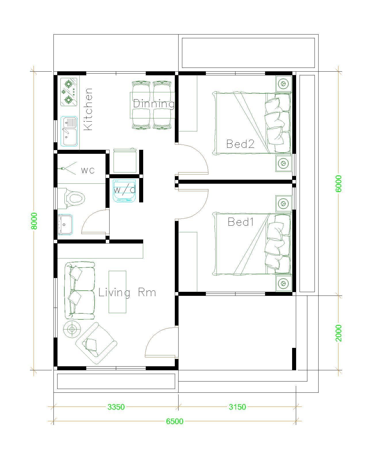 House Design Plans 6 5x8 With 2 Bedrooms Hip Roof House Plans 3D