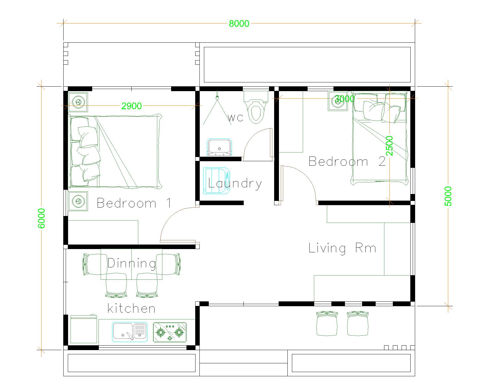 House Design Plans 8x6 with 2 Bedrooms layout floor plan