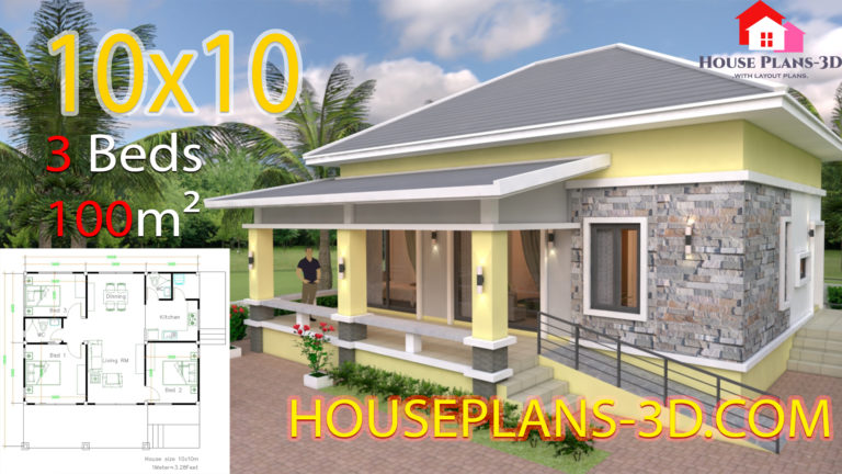 House Design 10x10 with 3 Bedrooms Hip Roof - House Plans 3D