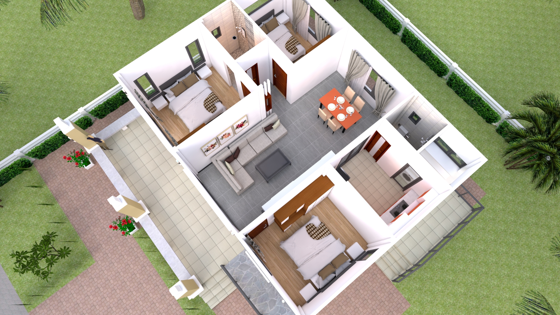 House Design 10x10 with 3 Bedrooms Hip Roof 3d