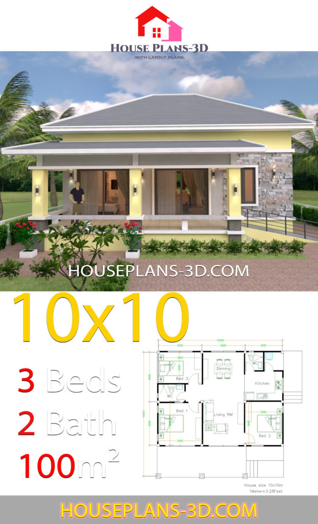 House Design 10x10 with 3 Bedrooms Hip Roof - House Plans 3D