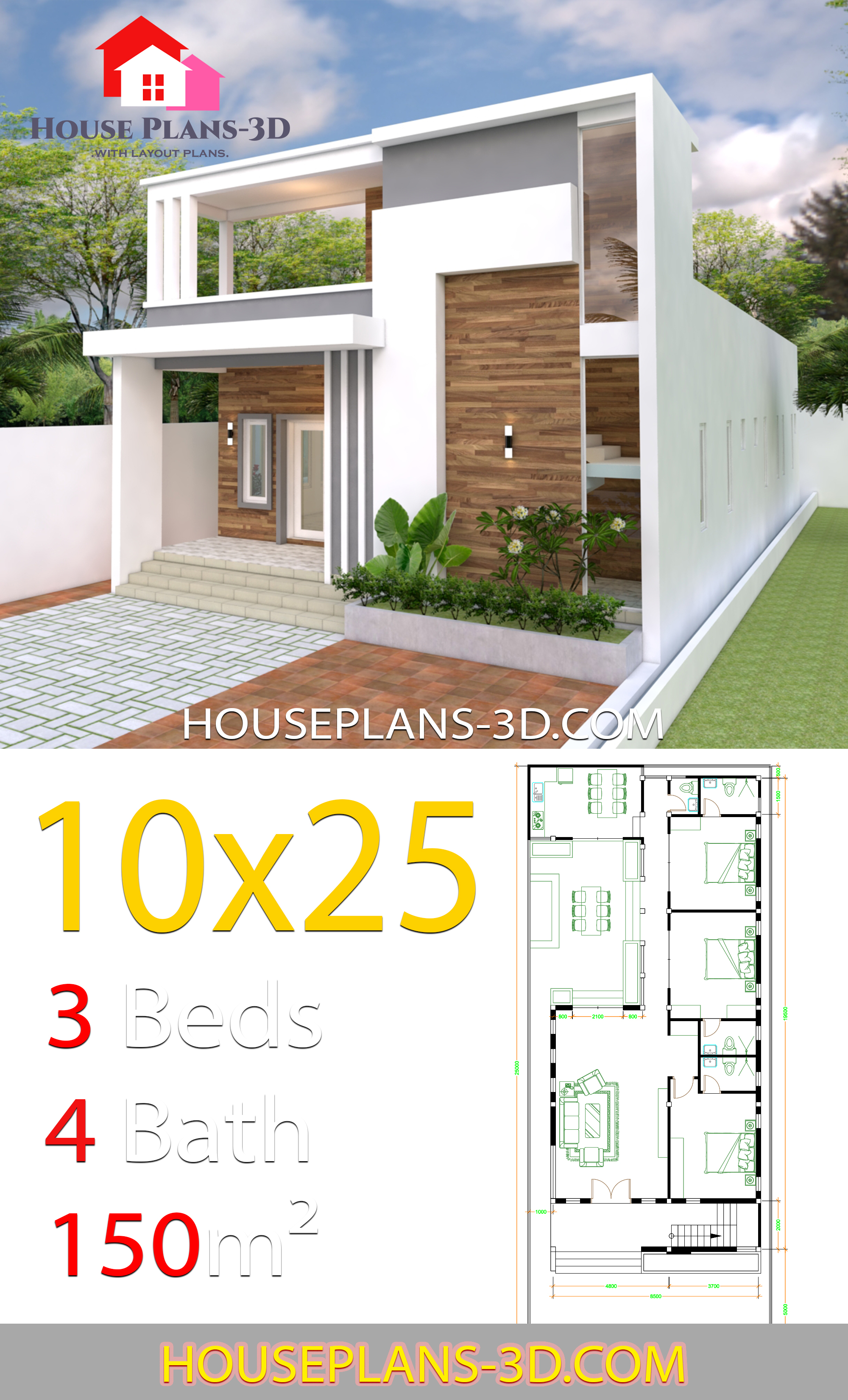 House Design Plans 10x25 with 3 bedrooms 3d 4