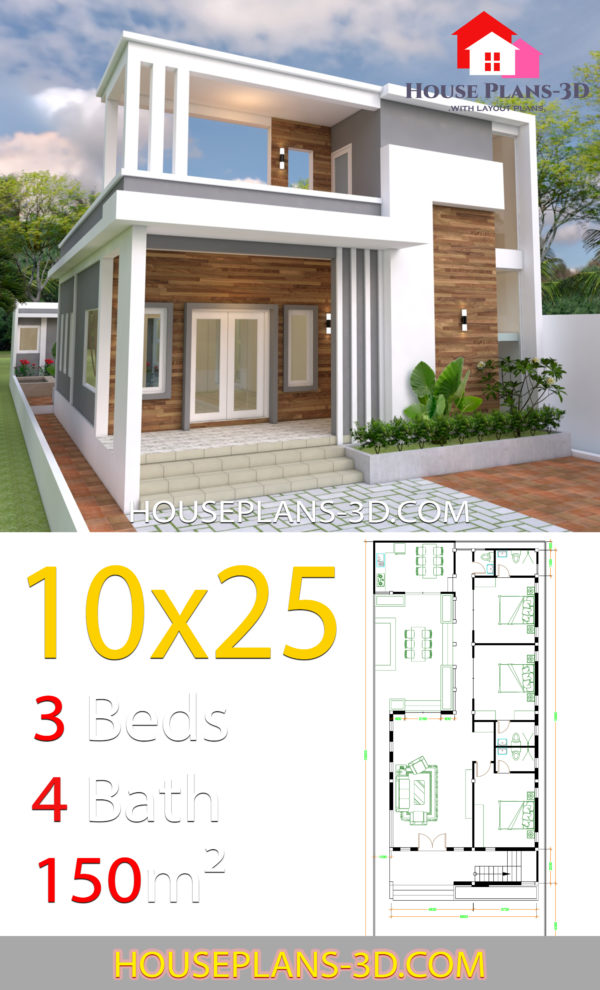 House Design Plans 10x25 with 3 bedrooms - House Plans 3D