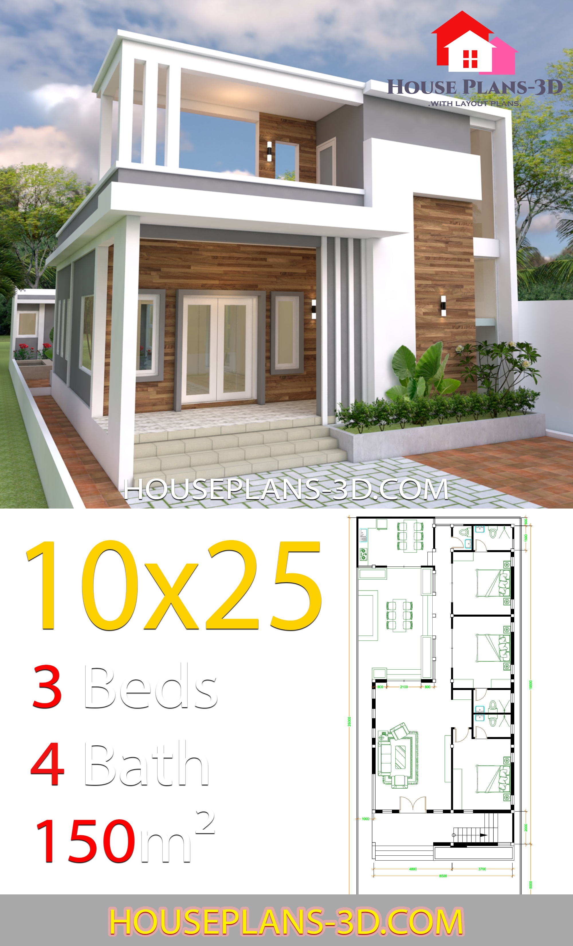 House Design Plans 10x25 with 3 bedrooms 3d 3