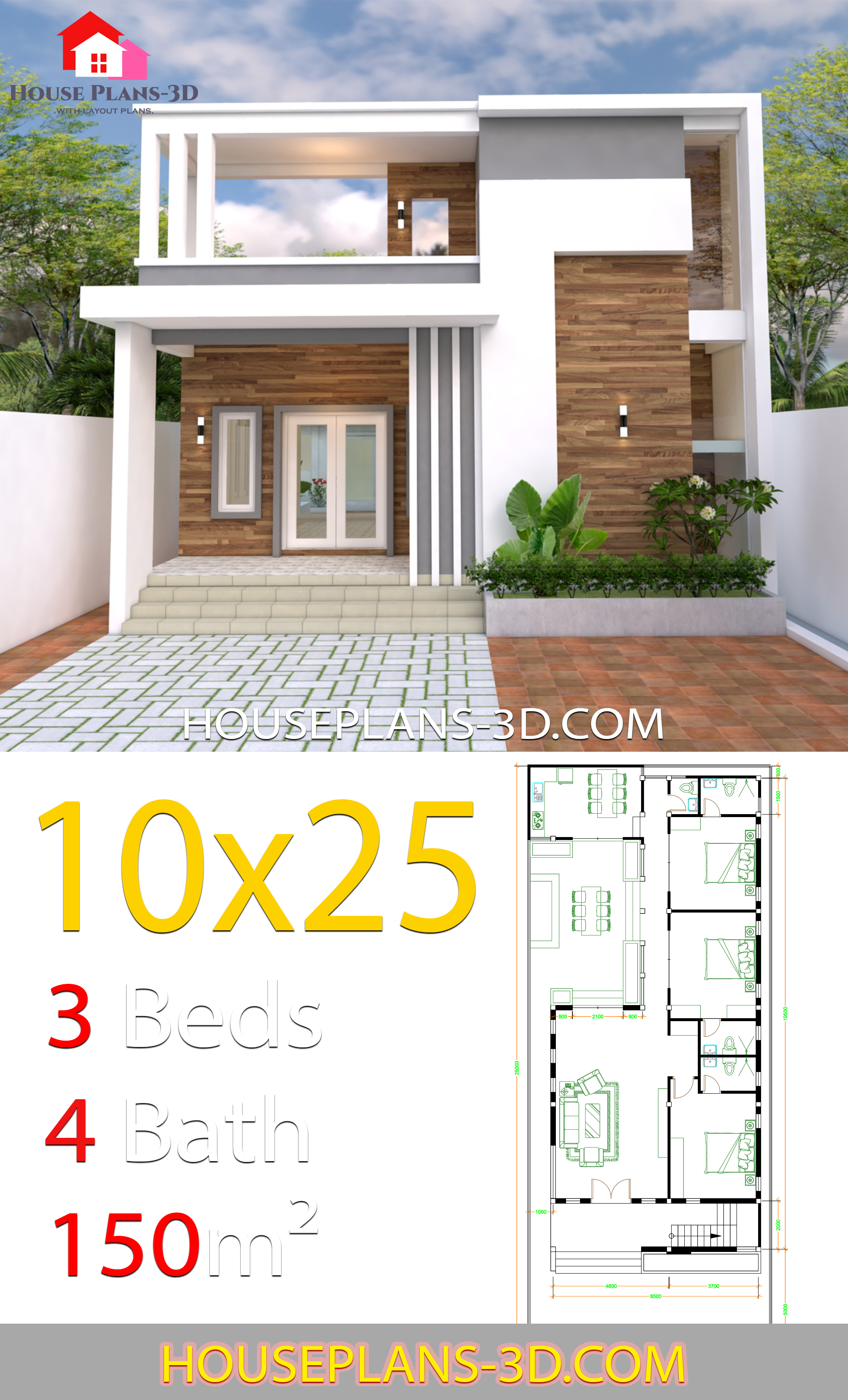 House Design Plans 10x25 with 3 bedrooms front 3d