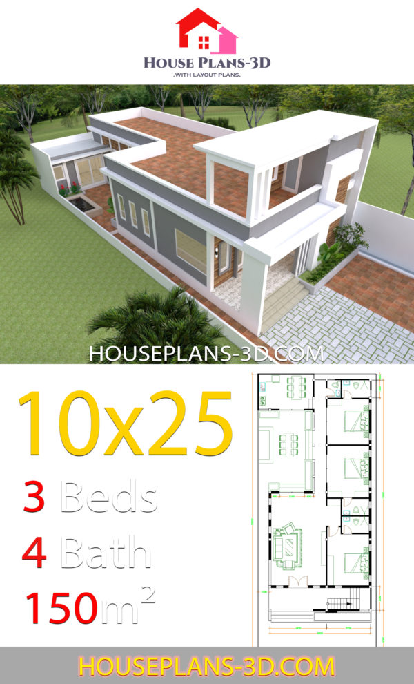 House Design Plans 10x25 with 3 bedrooms - House Plans 3D