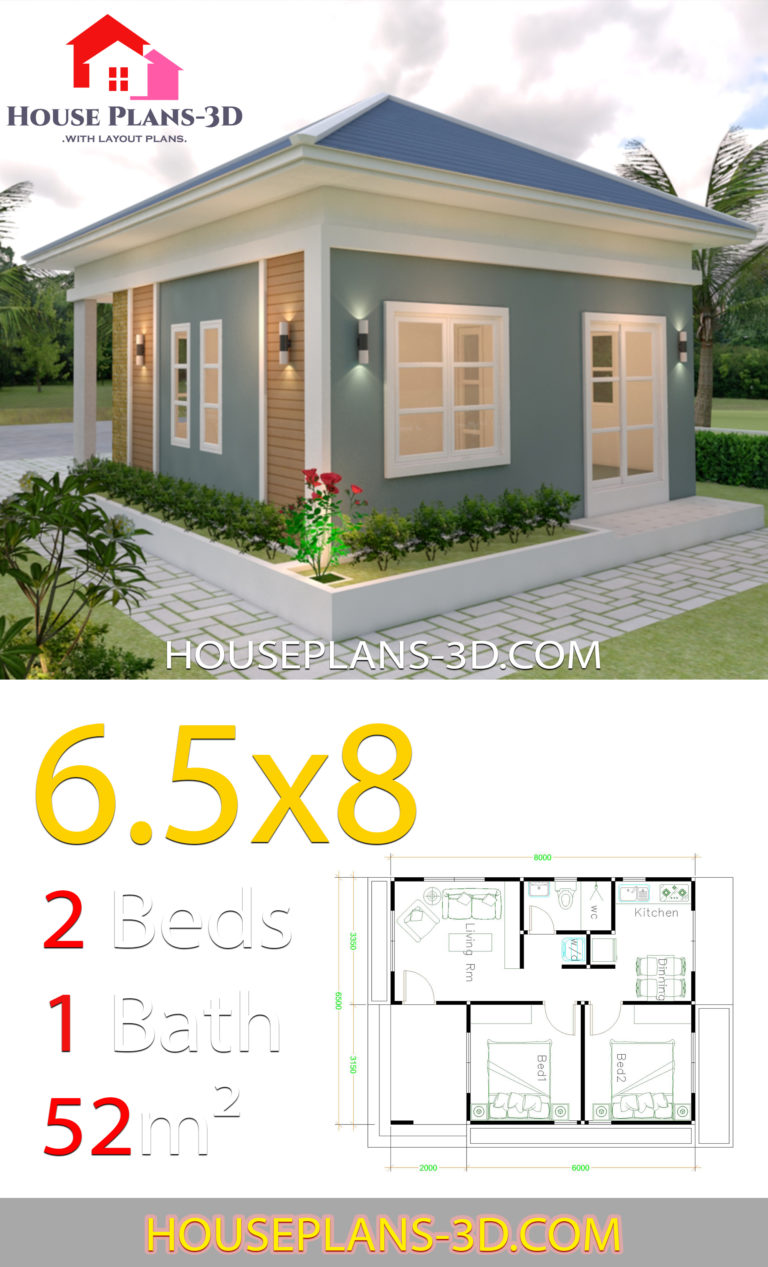 House Design Plans 6.5x8 with 2 Bedrooms Hip Roof - House Plans 3D