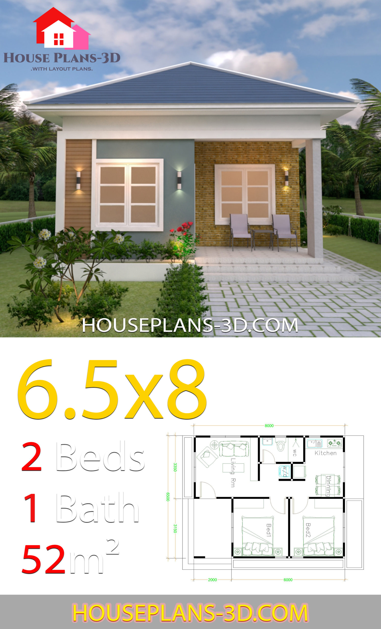 House Design Plans 6.5x8 with 2 Bedrooms Hip Roof 3d 2
