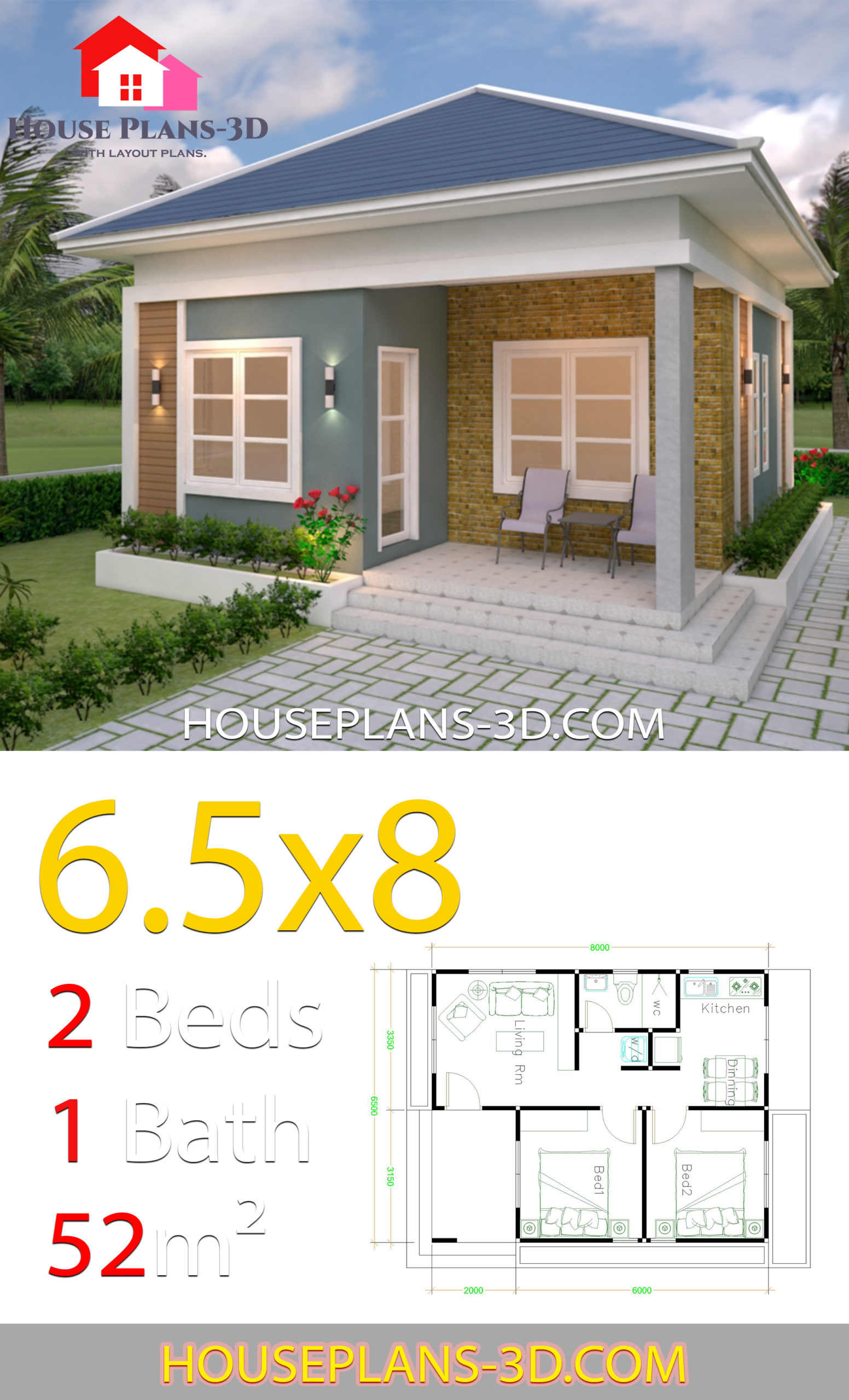 House Design Plans 6.5x8 with 2 Bedrooms Hip Roof 3d 1